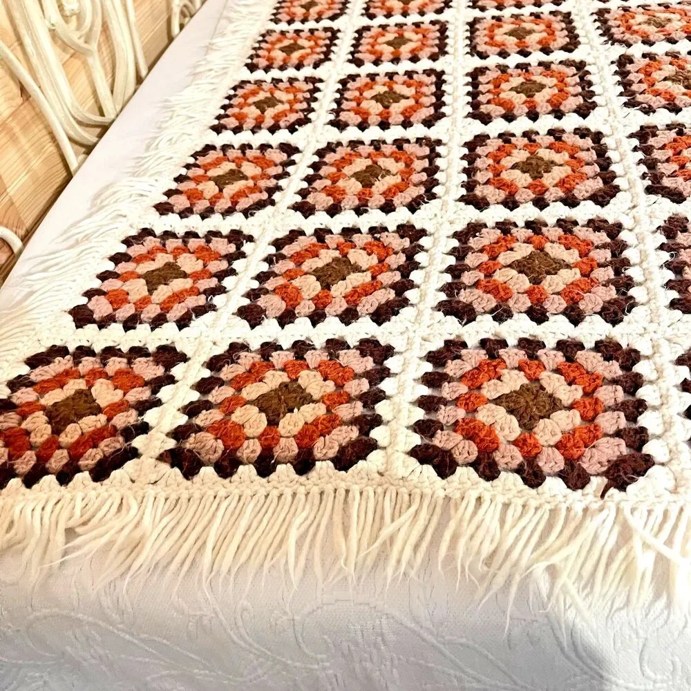 VTG Handmade Afghan Granny Square Crochet Retro Earth Tones-Boho Style w/ Fringe